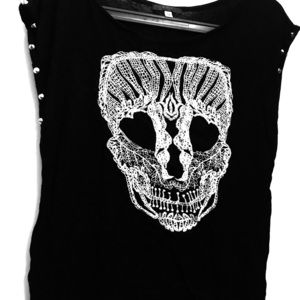Lace-y Skull on Black Tulle on Black Shirt w Studs